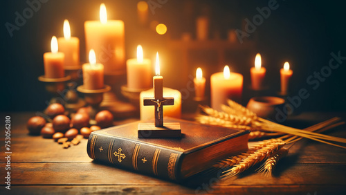 A wood cross laying atop a Bible, illuminated by the soft glow of a candle