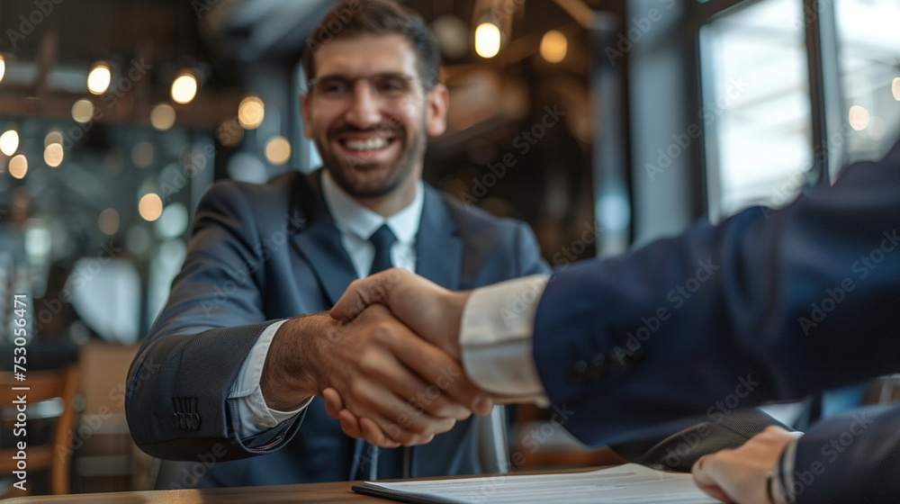 A businessman in a sharp suit shaking hands with a client, sealing a successful deal — punctuality, accurate calculation, style and ambition