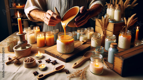 candle making captured as liquid wax is meticulously poured into jars