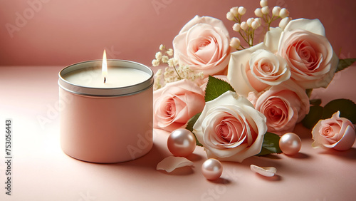 scented candle amidst a scatter of delicate roses  all set against a soft pink background