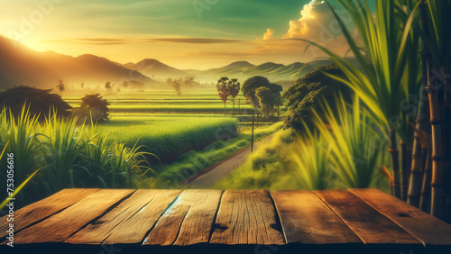 empty wooden brown table top, with a softly blurred background of a lush sugarcane plantation