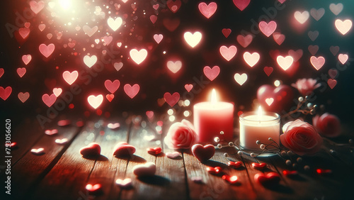 wooden table adorned with hearts, set against a backdrop of defocused bokeh hearts
