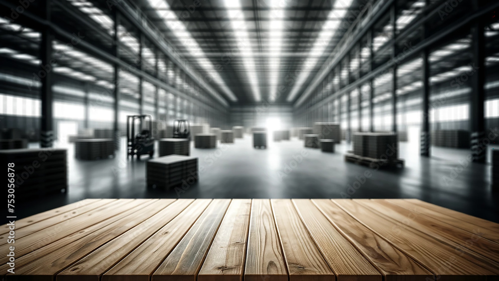 empty wooden table stands in the foreground, with a blurred warehouse background empty wooden table stands in the foreground, with a blurred warehouse background