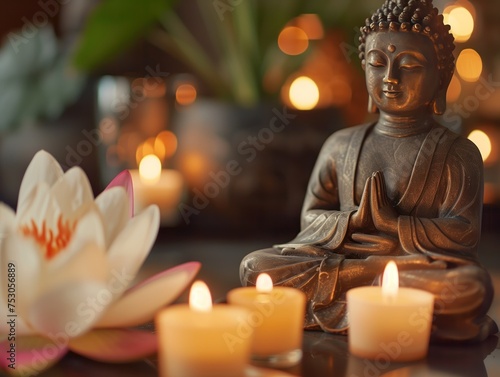 Buddha Statue in Serene Meditation with Candles, meditation, accompanied by the soft glow of candlelight and a delicate lotus flower. © auc