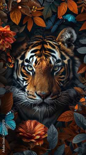 Tiger emerging from a dense jungle setting with vivid flora and butterflies.