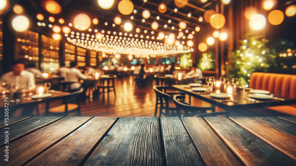 Empty wooden table top with lights bokeh on a blurred restaurant background, conveying a refreshing ambiance