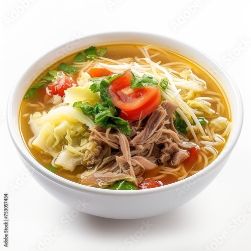 Soto Madura A hearty soup originating, East Java, made with shredded chicken or beef, . photo on white isolated background