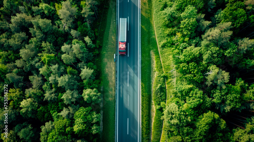 Top view of a truck driving along a highway in a green forest.