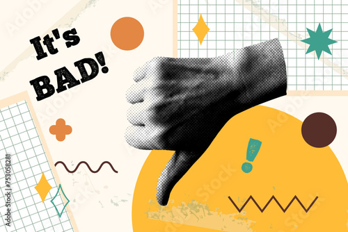 Card in vintage new nostalgia collage style. Paper halftone hand showing gesture dislike. Retro vector pop art design.