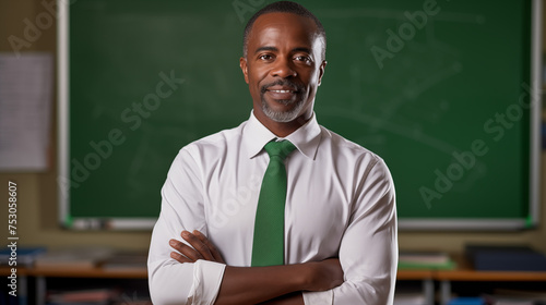 Teacher in front of the classroom, smiling with a chalkboard behind him