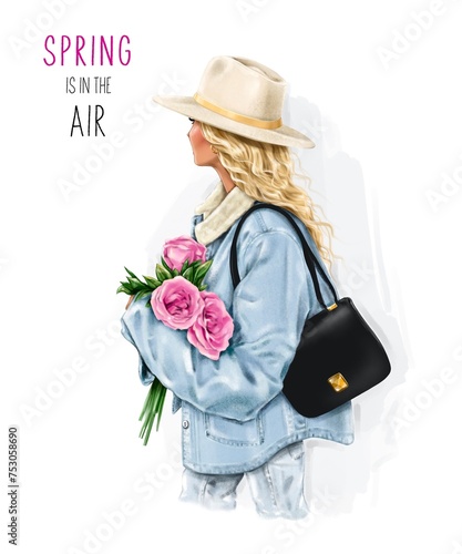 Beautiful blond hair woman holding flowers. Spring concept. Woman in hat. Fashion illustration 