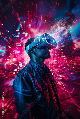 A man immersed in a virtual world wearing vr glasses