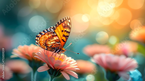 butterfly on the blossoming cherry tree, in the style of soft pastel hues, golden light, photo-realistic landscapes, light indigo and pink.