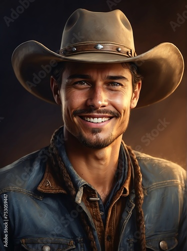 Realistic portrait of a western handsome cowboy young man smiling looking at camera from Generative AI