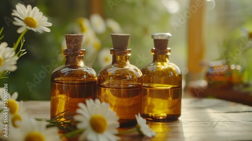 Close-up of cosmetic essential oil bottles with chamomile extracts their soothing yellow tones and gentle scent creating a peaceful and delightful ambiance HD