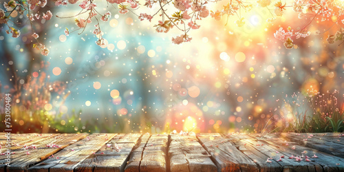 empty wooden table on beautiful blooming cherry tree background, beige wood table on blurred natural flower spring background with bokeh light, empty space, product display,banner