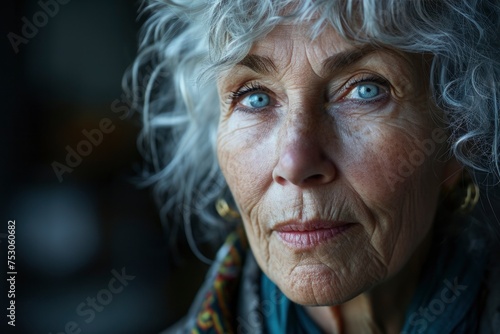 An intimate look at an elderly lady, her silver hair and striking gaze reflecting a lifetime of experiences.