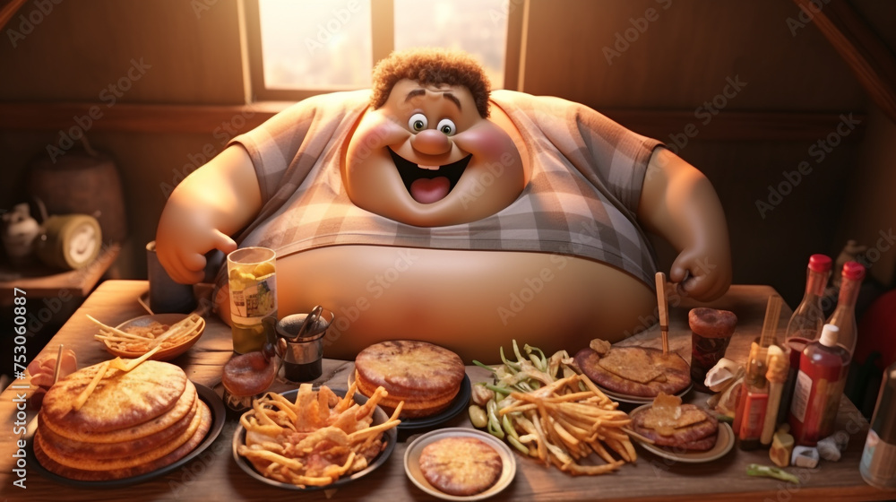 3d image of a fat man happily enjoying unhealthy fast food. 
