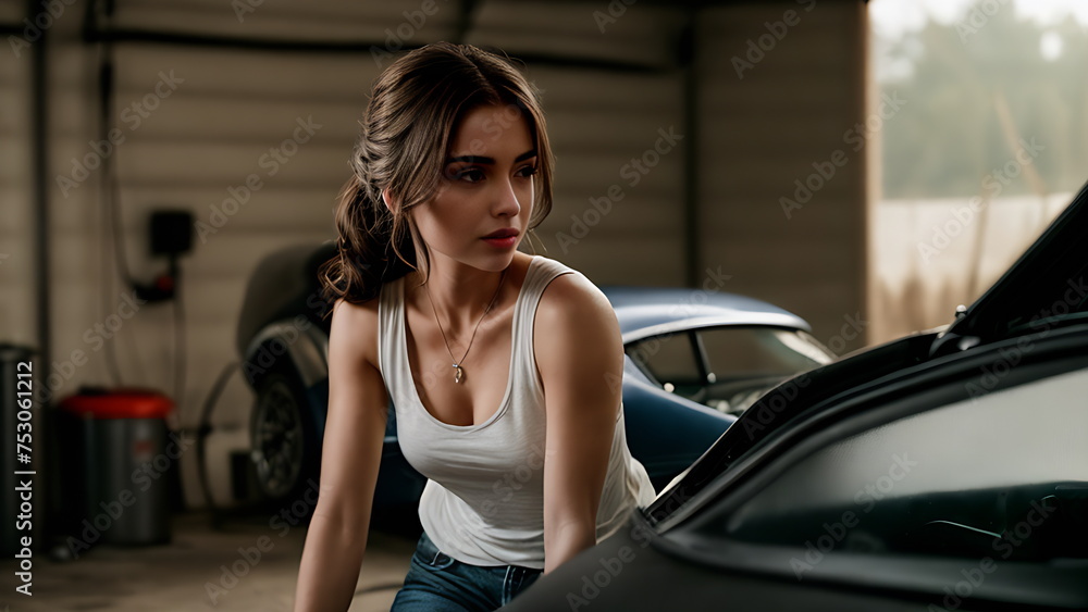 A brunette girl alone in a garage in a dirty white T-shirt is repairing a car.