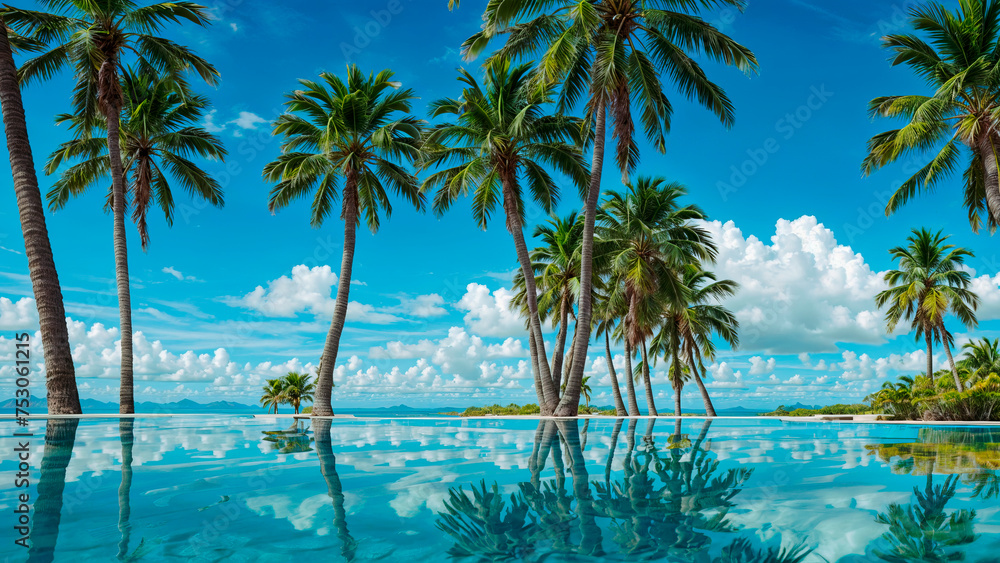 Palm trees on blue sky background - obrazy, fototapety, plakaty 