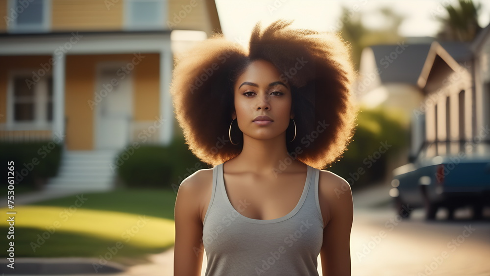 A dark-skinned girl with afro hair in a gray T-shirt in front of a house without a fence in the evening.