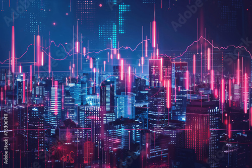Wallpaper Mural Leuchtende Aktienkursverläufe am Himmel über blauer Hochhausstadt – futuristische Darstellung von Finanzmärkten und urbaner Wirtschaftsentwicklung Torontodigital.ca
