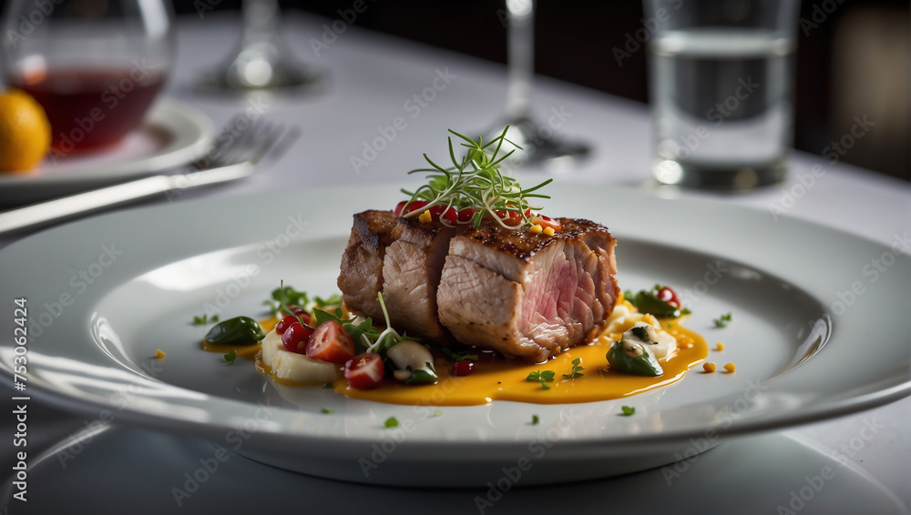 Exquisites Gourmet-Erlebnis: Kunstvoll angerichtetes Fleischgericht Exquisites Gourmet-Erlebnis: Kunstvoll angerichtetes Fleischgericht