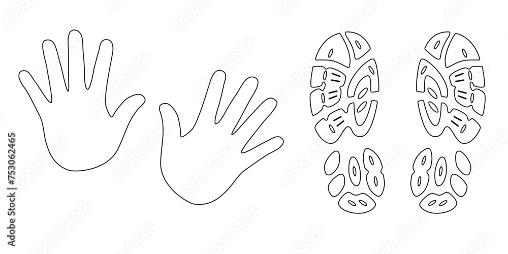 Human footprints and hands vector isolated set on white background. Foot prints of person in boots. Human feet and hands. Human footprints and hands vector isolated set on white background. Foot prints of person in boots. Human feet and hands.