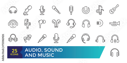 Audio, Sound and Music Icon set. Editable simple line stroke vector icon set,Sound Voulme Process, audio wave, soundbeat, speaker and more. photo