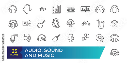 Audio, Sound and Music Icon set. Editable simple line stroke vector icon set,Sound Voulme Process, audio wave, soundbeat, speaker and more. photo