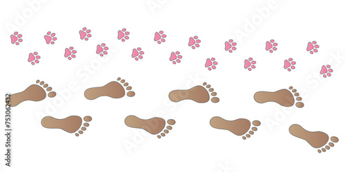 Human step footprints and pawprints paths. Step by step vector isolated on white background. Trace of foot prints of barefoot person and paw prints. Road of human feet and cat's paws.