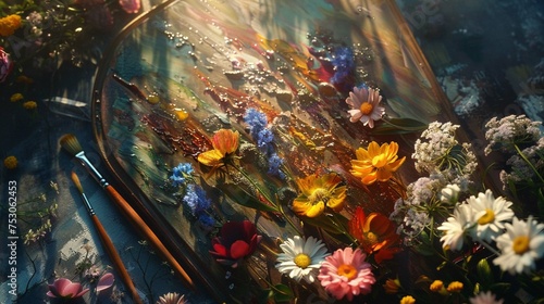 An intricate oil painting of colorful flowers, accompanied by a painter's palette, brushes, and fresh blooms. Spring equinox concept