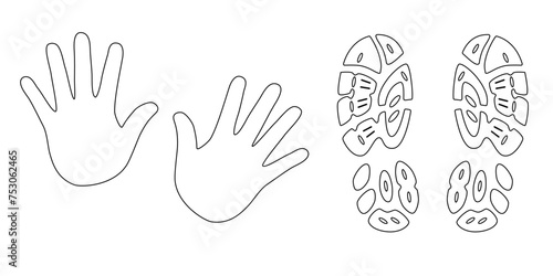 Human footprints and hands vector isolated set on white background. Foot prints of person in boots. Human feet and hands.