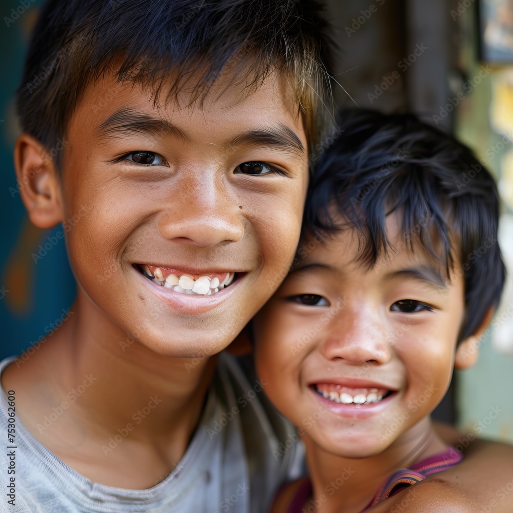 Two young boys are smiling warmly while hugging each other Two young boys are smiling warmly while hugging each other