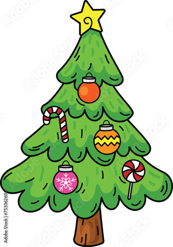 Hand drawn x mas tree character illustration, vector