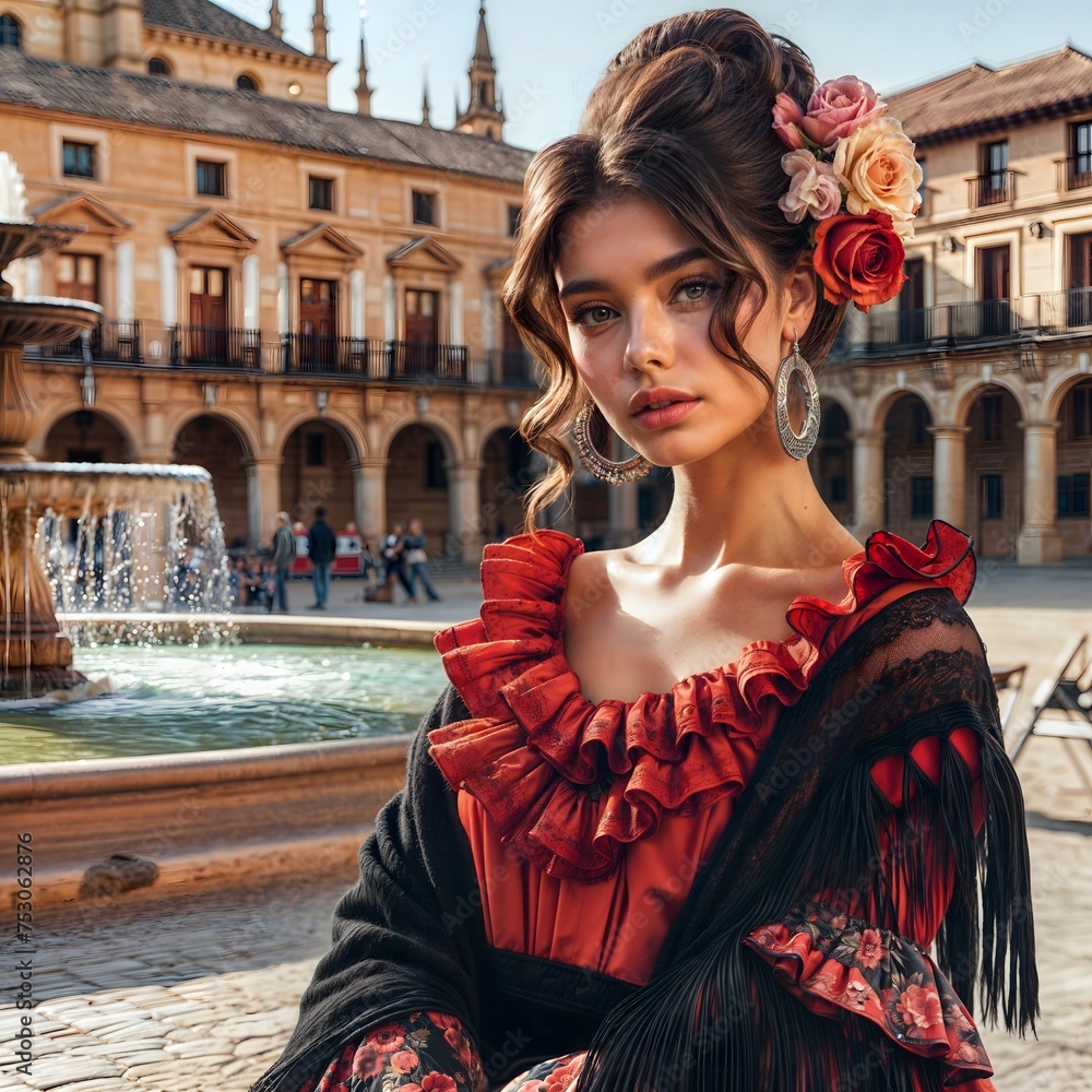 spanish woman dressed in traditional Spanish folklore costumes 