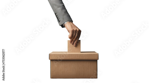Brief description: A hand throwing a ballot into a ballot box against the backdrop of a light interior. Concept: Close-up of the election process. political voters	