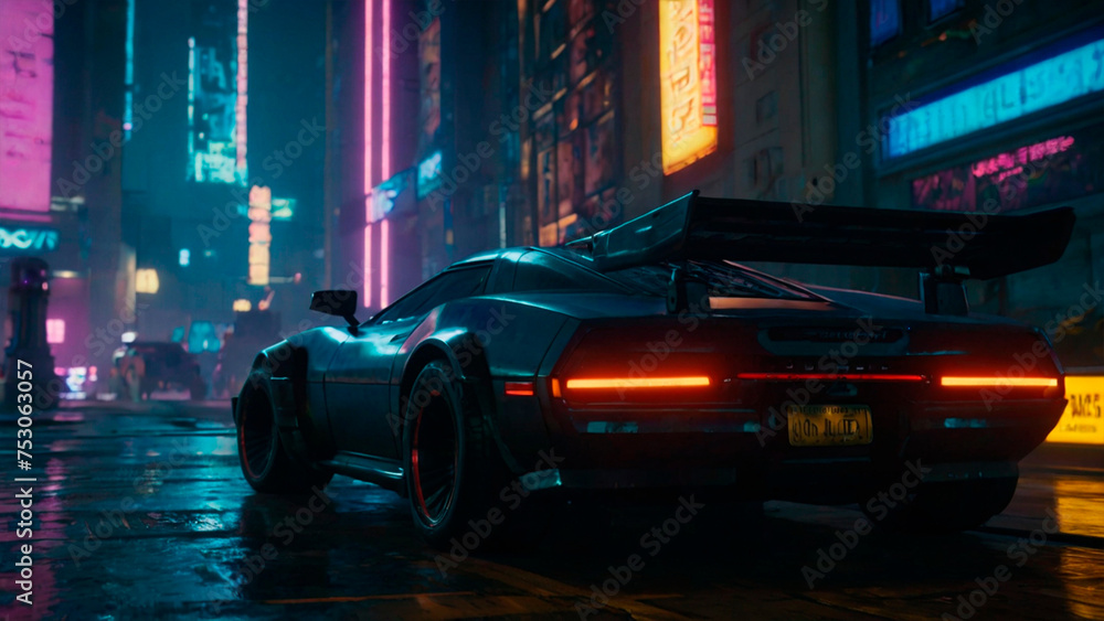 car in cyber city, neon city