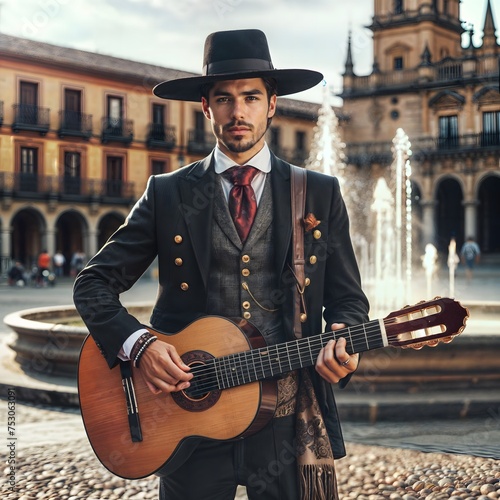 traditional sevillan spanish man dressed with traditional suit and hat and playing guitar photo