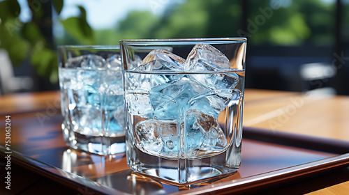 Glass of ice water with napkin on wooden table