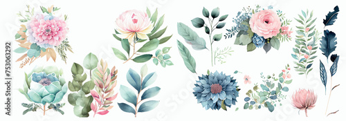 Elegant Collection of Watercolor Floral Elements with Beautiful Blooms and Lush Leaves for Invitations, Greeting Cards
