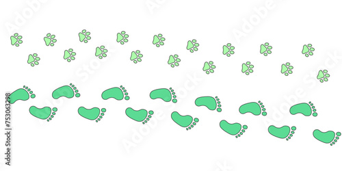 Human step footprints and pawprints paths. Step by step vector isolated on white background. Trace of children s footprints of barefoot person and pawprint. Road of human feet and cat s paws.