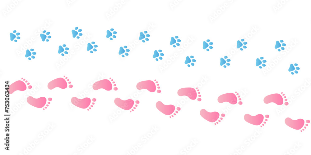 Human step footprints and pawprints paths. Step by step vector isolated on white background. Trace of children's footprints of barefoot person and pawprint. Road of human feet and cat's paws. Human step footprints and pawprints paths. Step by step vector isolated on white background. Trace of children's footprints of barefoot person and pawprint. Road of human feet and cat's paws.