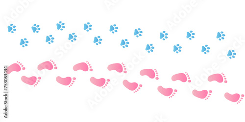 Human step footprints and pawprints paths. Step by step vector isolated on white background. Trace of children's footprints of barefoot person and pawprint. Road of human feet and cat's paws.