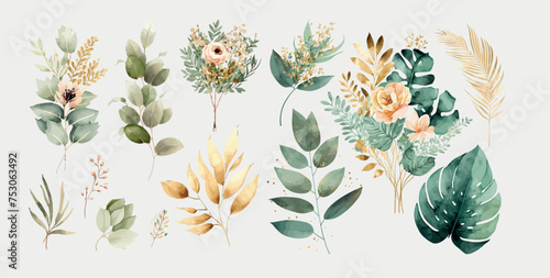 Watercolor floral illustration set - flower and green gold leaf. Decorative elements template. Flat cartoon photo