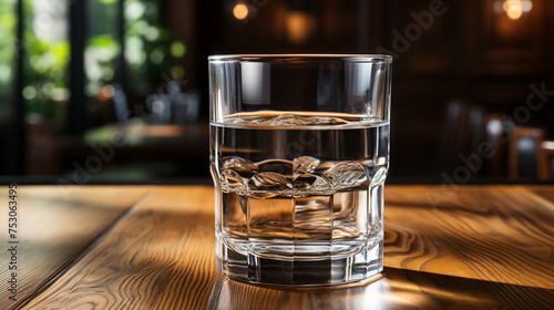 Glass of pure water on wooden table indoors space