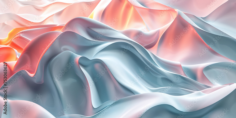 Trendy liquid 3D illustration background of blue beige orange satin waves, modern flowing gradient abstract, wallpaper banner with copy space template for technology for banner, poster, web futuristic