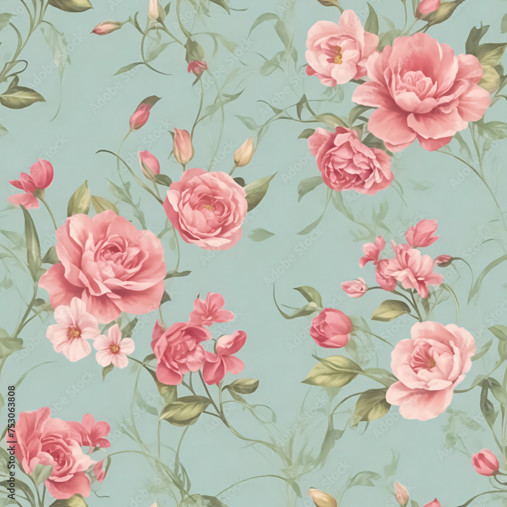 Vintage Flowers Pattern Seamless Texture, Oil Painting Repeat Pattern for Fabric Textile, Publication, Printing, Dress, Skirt, Curtain, Blanket, Garment, Clothes, Gift Paper, Wallpaper.