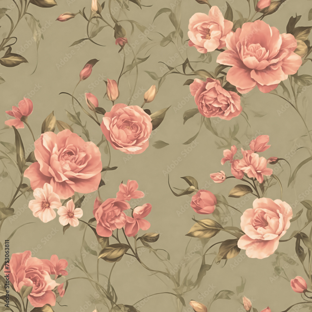 Vintage Flowers Pattern Seamless Texture, Oil Painting Repeat Pattern for Fabric Textile, Publication, Printing, Dress, Skirt, Curtain, Blanket, Garment, Clothes, Gift Paper, Wallpaper.