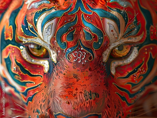 A close-up of an intricately painted mask with vibrant colors and patterns © StasySin